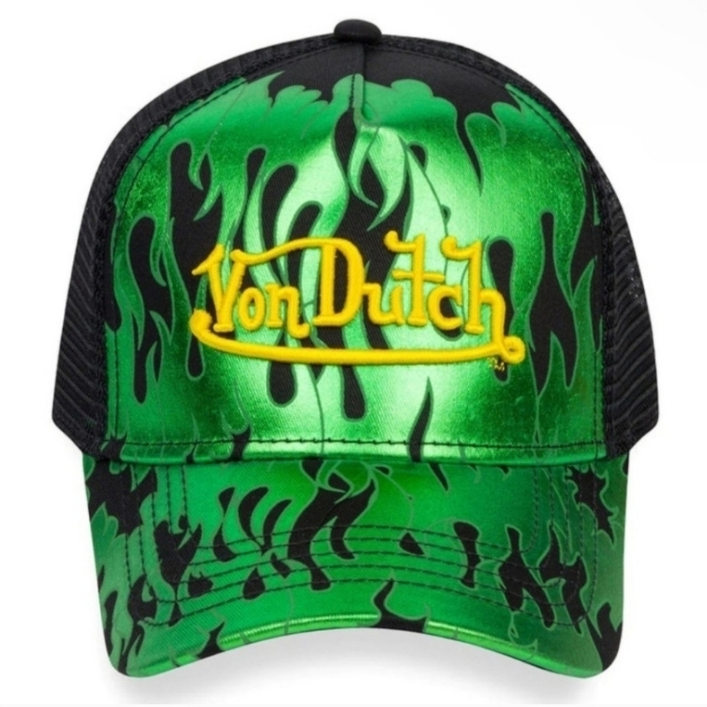 🔹️Von Dutch🔹️ CITY OF ANGELS GREEN Flames Embroidered TRUCKER Hat Brand New
